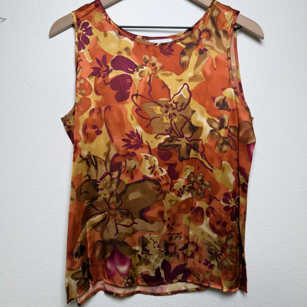 Coldwater Creek‎ Womens 100% SILK Floral Sleeveless Tank Top Medium Orange Brown
